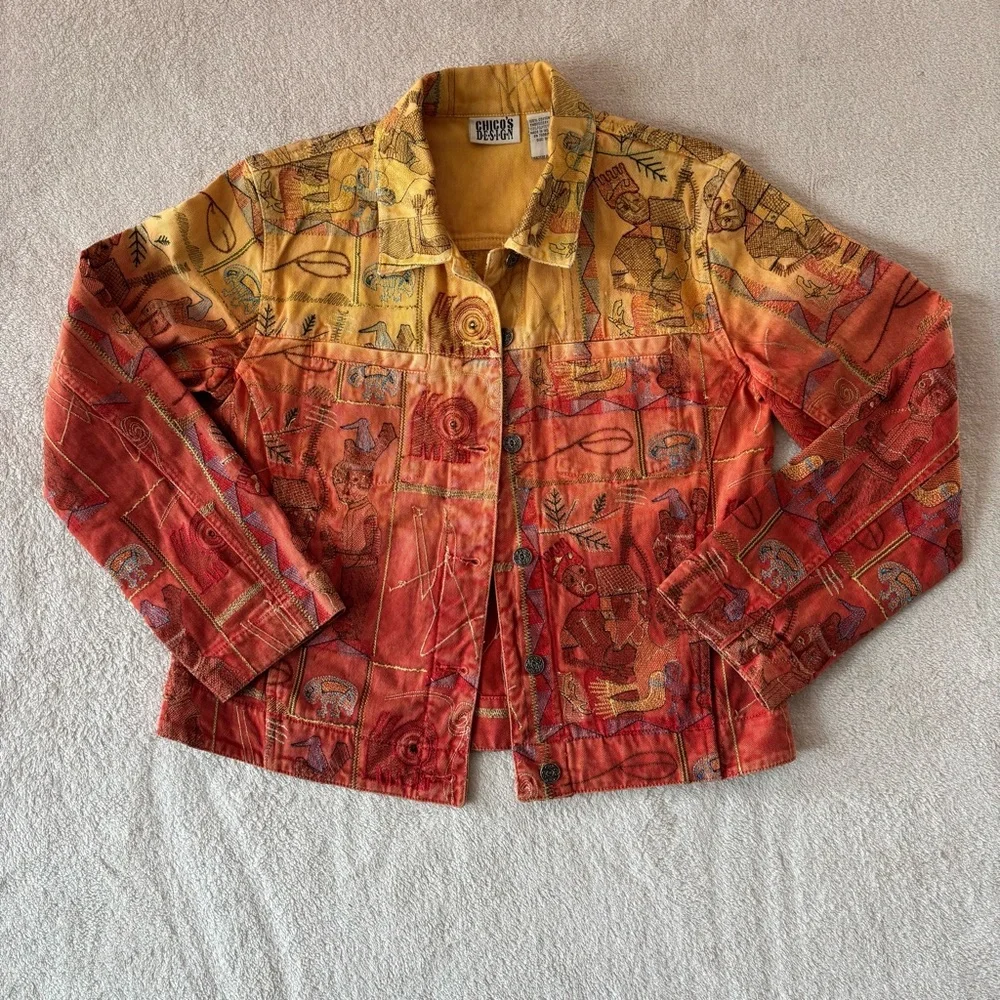 CHICOS DESIGN WOMEN OMBRÉ EMBROIDERED TRIBAL AZTEC THEME DENIM JACKET SZ 0